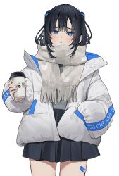 Rule 34 | 1girl, absurdres, bandaid, bandaid on leg, black hair, black skirt, blue bow, blue eyes, bow, coffee cup, cup, disposable cup, down jacket, enpera, grey scarf, grey shirt, hair bow, hand in pocket, heart, heart-shaped pupils, highres, holding, holding cup, jacket, mashiro kta, original, pleated skirt, scarf, shirt, simple background, skirt, solo, symbol-shaped pupils, white background, white jacket