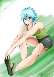 Rule 34 | 1girl, absurdres, blue eyes, blue hair, breasts, flatpancakesjim, gym shirt, gym shorts, highres, holding own foot, looking at viewer, medium breasts, one knee up, self-upload, shirt, short hair, shorts, sinon, sitting, solo, sportswear, stretching, sweat, sweatdrop, sword art online, workout clothes