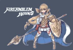 1girl armor baketsu blonde_hair braid crown_braid feather_trim fensalir fire_emblem fire_emblem_heroes gloves green_eyes halberd long_hair looking_at_viewer nintendo pixel_art polearm scale_armor sharena_(fire_emblem) smile solo weapon