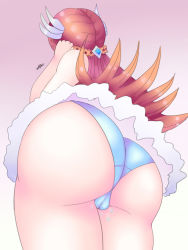 Rule 34 | 1girl, absurdres, adjusting hair, ass, bare shoulders, blue panties, cameltoe, cowboy shot, flipped hair, from behind, from below, gradient background, hair ornament, highres, huge ass, long hair, mobile legends: bang bang, odette (mobile legends), orange hair, panties, pussy juice, shiny skin, simple background, skirt, solo, underwear, upskirt, very long hair