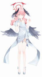 Rule 34 | 1girl, absurdres, alternate costume, bbul horn, black wings, blue archive, blush, collarbone, dress, feathered wings, flat chest, full body, halo, hands up, head wings, high heels, highres, koharu (blue archive), looking at viewer, low wings, off shoulder, pink hair, ribbon, short hair, simple background, solo, thigh strap, twintails, white background, white dress, white footwear, white ribbon, wings