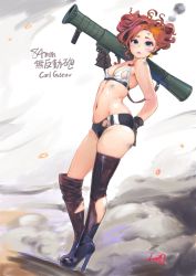 Rule 34 | 1girl, :&lt;, artillery, bare shoulders, bikini, bikini top only, blue eyes, blush, boots, bow, breasts, buruma, carina (xiaowoo), carl gustaf 8.4cm recoilless rifle, carl gustaf recoilless rifle, carl gustaf stads gevarsfaktori, cleaveage, closed mouth, commentary request, contrapposto, crew-served weapon, dirty, earrings, eyeshadow, full body, gloves, gun, hand on own ass, high heel boots, high heels, highres, holding, holding gun, holding weapon, jewelry, kishi mieko, looking at viewer, makeup, man-portable anti-tank systems, messy hair, navel, onna shunin kishi mieko, red bow, red hair, revealing clothes, rocket launcher, saab bofors dynamics, short hair, short shorts, shorts, signature, small breasts, solo, standing, swimsuit, thigh boots, thighhighs, thighs, torn boots, torn buruma, torn clothes, translated, weapon, white bikini