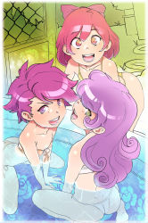 Rule 34 | 3girls, apple bloom, ass, bad id, bad pixiv id, bikini, child, cutie mark crusaders, highres, looking at viewer, maniacpaint, multiple girls, my little pony, my little pony: friendship is magic, open mouth, partially submerged, pink hair, pool, purple hair, scootaloo, sweetie belle, swimsuit