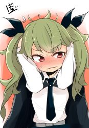 Rule 34 | 1girl, absurdres, anchovy (girls und panzer), anzio school uniform, barashiya, belt, black necktie, blouse, blush, cape, closed mouth, embarrassed, girls und panzer, green hair, hair ribbon, hand up, highres, long hair, looking to the side, necktie, red eyes, ribbon, school uniform, shirt, signature, simple background, solo, sweatdrop, twintails, white shirt