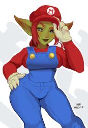 Rule 34 | 1girl, absurdres, artist name, blue eyes, blue overalls, breasts, colored skin, cosplay, female goblin, fingernails, gloves, goblin, green skin, hand on own hip, hat, hat tip, highres, large breasts, looking at viewer, maewix (artist), mario, mario (cosplay), mario (series), nintendo, nose piercing, nose ring, overalls, piercing, pointy ears, red hair, red hat, red shirt, sharp fingernails, shirt, smile, solo, thick thighs, thighs, white gloves, wide hips