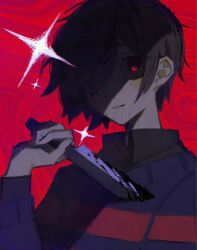 1other blood bloody_knife blue_sweater brown_hair collared_shirt frisk_(undertale) glowing glowing_eye hair_over_one_eye hand_up hashtag-only_commentary highres holding holding_knife knife long_sleeves looking_up other_focus parted_lips pink_sweater red_background red_eyes shaded_face shirt short_hair simple_background solo sparkle striped_clothes striped_sweater sweater takenaka_(takenaka1111) two-tone_sweater undertale unusually_open_eyes upper_body upturned_eyes