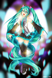 Rule 34 | 1girl, abiboge, aqua eyes, aqua hair, aqua necktie, bare shoulders, black background, black footwear, black skirt, blurry, bokeh, boots, breasts, crossed ankles, depth of field, detached sleeves, grey vest, hair between eyes, hatsune miku, headset, highres, light blush, long hair, looking at viewer, necktie, open mouth, pleated skirt, skirt, small breasts, solo, teeth, thigh boots, thighhighs, tongue, twintails, upper teeth only, vest, vocaloid, zettai ryouiki
