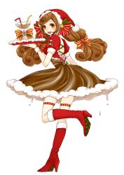 Rule 34 | 1girl, absurdres, boots, brown dress, brown eyes, brown hair, christmas, cup, dress, drinking glass, drinking straw, full body, fur trim, hat, highres, izumi (maiko), long hair, looking at viewer, looking back, maidroid yukico-tan, official art, open mouth, puffy short sleeves, puffy sleeves, red footwear, santa hat, short sleeves, smile, solo, standing, standing on one leg, thigh strap, transparent background, tray, twintails, yukico-tan, yukijirushi