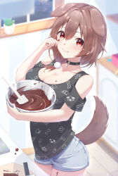 Rule 34 | 1girl, absurdres, animal ears, bare shoulders, breasts, chocolate, cleavage, dog ears, highres, hololive, indoors, inugami korone, looking at viewer, mira bluesky3, smile, solo, standing, virtual youtuber