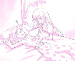 Rule 34 | 2girls, bed, commentary, female focus, gradient background, iesupa, indoors, looking at another, monochrome, multiple girls, navel, pajamas, ruby rose, rwby, scar, sleeping, weiss schnee, whistle, white background