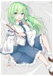 Rule 34 | 1girl, ankle socks, aqua eyes, arm across chest, arm up, between fingers, blouse, blue skirt, blush, brown footwear, collared shirt, commentary request, detached sleeves, frog hair ornament, gohei, green hair, grey background, hair between eyes, hair ornament, hair tubes, highres, holding, iyo (ya na kanji), knee up, kochiya sanae, leaning back, light blush, loafers, long hair, looking at viewer, nontraditional miko, ofuda, ofuda between fingers, open mouth, partial commentary, shirt, shoes, simple background, sitting, skirt, sleeveless, sleeveless shirt, snake hair ornament, socks, solo, star (symbol), touhou, very long hair, white shirt, white socks