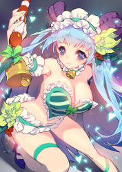 Rule 34 | 1girl, bare shoulders, bell, blue hair, blunt bangs, breasts, cleavage, destiny child, green eyes, happy new year, headdress, horns, krampus (destiny child), large breasts, long hair, looking at viewer, new year, smile, solo, star-shaped pupils, star (symbol), symbol-shaped pupils, truelion, very long hair