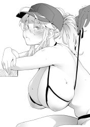 Rule 34 | 1girl, ahoge, artoria pendragon (fate), artoria pendragon (lancer) (fate), bare shoulders, baseball cap, bikini, blush, breasts, cleavage, commentary request, cosplay, eyelashes, fate/grand order, fate (series), greyscale, hair between eyes, hair through headwear, hat, large breasts, leaning forward, long hair, looking at viewer, monochrome, mysterious heroine xx (fate), mysterious heroine xx (fate) (cosplay), ponytail, pout, puffy cheeks, sidelocks, simple background, sitting, soba (saz), solo focus, swimsuit, untied bikini, white background