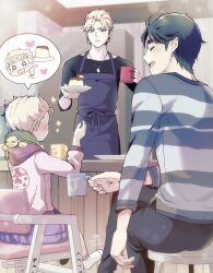 Rule 34 | 2022, 3boys, aged down, apron, black shirt, blonde hair, blue apron, blue hair, blush, braid, child, closed eyes, coffee mug, cup, dio brando, family, father and son, food, giorno giovanna, heart, highres, holding, holding cup, holding plate, implied yaoi, indoors, jojo no kimyou na bouken, jonathan joestar, long hair, long sleeves, mixed-language commentary, morino peko, mug, multiple boys, open mouth, plate, pudding, shirt, short hair, sitting, smile, sparkle, vento aureo