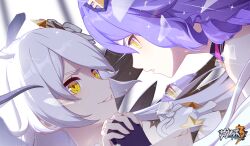 Rule 34 | 2girls, bare shoulders, chinese commentary, close-up, dual persona, evil smile, fingerless gloves, gloves, highres, honkai (series), honkai impact 3rd, interlocked fingers, kiana kaslana, kiana kaslana (herrscher of the void), logo, long hair, looking at another, multiple girls, official alternate costume, official art, official wallpaper, open mouth, purple hair, sirin, sirin (miracle magical girl), smile, spoilers, upper body, v-shaped eyebrows, white hair, yellow eyes
