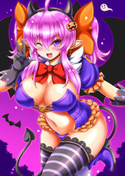 Rule 34 | 1girl, breasts, cleavage, demon girl, demon tail, demon wings, detached collar, fake horns, female focus, gloves, halloween, horns, kittan (cve27426), large breasts, long hair, looking at viewer, navel, one eye closed, open mouth, original, pink eyes, pink hair, pointy ears, smile, solo, tail, thighhighs, w, wings