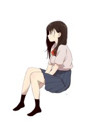 Rule 34 | 1girl, between legs, black eyes, black socks, blue skirt, bow, bowtie, brown hair, collared shirt, commentary request, copyright request, from side, grey shirt, hand between legs, highres, invisible chair, kawai makoto, no shoes, parted lips, pleated skirt, red bow, red bowtie, school uniform, shirt, short sleeves, signature, simple background, sitting, skirt, socks, solo, white background, wing collar