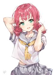 Rule 34 | 1girl, :d, alternate hairstyle, arm behind head, arm up, artist name, bad id, bad pixiv id, commentary request, green eyes, grey sailor collar, grey skirt, hand in own hair, highres, kurosawa ruby, looking at viewer, love live!, love live! sunshine!!, midriff peek, neckerchief, open mouth, red hair, sailor collar, school uniform, serafuku, shirt, short sleeves, simple background, skirt, smile, solo, takenoko no you, tie clip, twintails, uranohoshi school uniform, white background, white shirt, yellow neckerchief