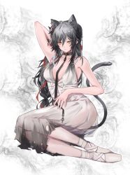 Rule 34 | 1girl, animal ears, arknights, armpit crease, breasts, cleavage, closed mouth, collar, dress, ear piercing, grey fur, grey hair, highres, leopard ears, leopard girl, leopard tail, looking at viewer, medium breasts, piercing, sagi (sagi 0116), see-through, sitting, solo, tail, white dress, yellow eyes
