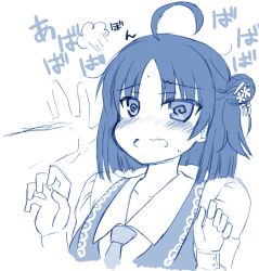 Rule 34 | 1girl, 1other, puff of air, @ @, ahoge, black hair, blush, bob cut, braid, casual, commentary, embarrassed, eyes visible through hair, hair between eyes, hair ornament, hands up, hitachi mako, kabedon, kanzashi, long sleeves, looking at another, monochrome, nose blush, open mouth, parted bangs, senren banka, shirt, short hair, simple background, single braid, sketch, solo focus, sound effects, sweatdrop, tatsuya (trypaint), translated, upper body, wavy mouth, white background, white shirt