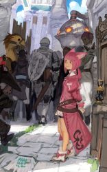 Rule 34 | 10s, 1girl, 2boys, animal ears, armor, arms behind back, artist name, belt, blush, chocobo, city, coat, crate, dated, elezen, elf, final fantasy, final fantasy xiv, kare huang, lantern, miqo&#039;te, multiple boys, pauldrons, pink hair, pointy ears, profile, road, roegadyn, sheath, shield, shoulder armor, signature, sketch, smile, solo focus, street, sword, t&#039;kebbe, twintails, weapon