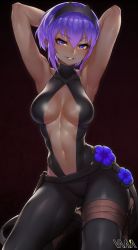 Rule 34 | 1girl, absurdres, armpits, arms behind head, arms up, bare shoulders, belt, black leotard, blush, breasts, center opening, cleavage, collarbone, dark-skinned female, dark skin, fate/prototype, fate/prototype: fragments of blue and silver, fate (series), flower, gradient background, hair between eyes, hairband, hassan of serenity (fate), highres, kneeling, large breasts, leotard, looking at viewer, navel, purple eyes, purple hair, short hair, smile, solo, thigh strap, thighs, vana