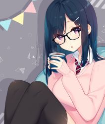 Rule 34 | 1girl, :o, bekotarou, black-framed eyewear, black hair, black thighhighs, breasts, coffee, coffee mug, collared shirt, commentary request, cup, glasses, hair ornament, hairclip, hands up, highres, holding, holding cup, knees up, large breasts, long hair, long sleeves, looking at viewer, mug, necktie, original, parted lips, pink sweater, purple eyes, red necktie, school uniform, shadow, shirt, sidelocks, sitting, sleeves past wrists, solo, steam, striped necktie, striped neckwear, sweater, thighhighs, undershirt, white shirt