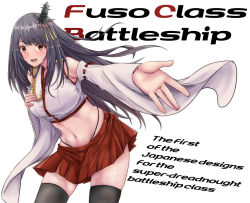 Rule 34 | 1girl, adapted costume, aga marino, aiguillette, bad id, bad twitter id, black hair, black panties, black thighhighs, blush, breasts, character name, commentary request, detached sleeves, english text, epaulettes, fusou (kancolle), hair ornament, hand on own chest, highleg, highleg panties, kantai collection, large breasts, long hair, midriff, navel, nontraditional miko, open mouth, outstretched arm, panties, red eyes, solo, teeth, thighhighs, underwear