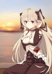 Rule 34 | 1girl, 1z10, absurdres, azur lane, black dress, black nails, bow, breasts, cleavage, closed mouth, collarbone, dress, formidable (azur lane), hair bow, hand in own hair, hand on breast, highres, long hair, looking at viewer, medium breasts, nail polish, platinum blonde hair, red eyes, sitting, solo, twintails