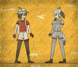 Rule 34 | 10s, 2girls, backpack, bag, belt, black eyes, black gloves, black hair, black legwear, brown footwear, bucket hat, clenched hand, closed mouth, collared shirt, commentary, crack, egyptian art, fingerless gloves, from side, full body, gloves, grey hair, grey legwear, grey shirt, grey shorts, hair between eyes, hand on own chin, hat, hat feather, head wings, highres, kaban (kemono friends), kemono friends, kita (7kita), legs apart, long sleeves, multiple girls, necktie, pantyhose, profile, red shirt, shirt, shoebill (kemono friends), shoes, short hair, short sleeves, shorts, standing, white necktie, white shorts, wing collar, wings, yellow background