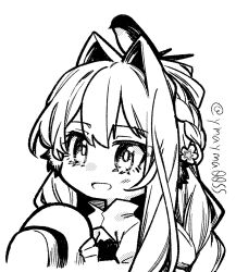 Rule 34 | 1girl, animal, animal on head, arknights, astgenne (arknights), bird, bird on head, braid, chibi, flower, greyscale, hair flower, hair intakes, hair ornament, highres, long hair, looking at viewer, monochrome, on head, open mouth, portrait, simple background, solo, twitter username, white background, yom (ymayma00ss)