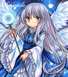 Rule 34 | :&lt;, adapted costume, angel, blue dress, blue ribbon, breasts, dress, feathered wings, frilled sleeves, frills, highly responsive to prayers, holding, holding wand, long hair, long sleeves, looking at viewer, marker (medium), multiple wings, neck ribbon, pinafore dress, purple hair, red eyes, ribbon, rui (sugar3), sample watermark, sariel (touhou), seraph, sleeveless, sleeveless dress, small breasts, touhou, touhou (pc-98), traditional media, very long hair, wand, watermark, white hair, white wings, wide sleeves, wings