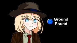 Rule 34 | 1girl, black background, blonde hair, blue eyes, buttons, clay (claystate), cole phelps, cole phelps (cosplay), collared shirt, commentary, cosplay, english commentary, english text, fedora, formal, hat, highres, hololive, hololive english, l.a. noire, meme, necktie, parody, press x to doubt (meme), red necktie, shirt, short hair, smile, solo, suit, upper body, virtual youtuber, watson amelia