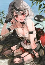 Rule 34 | 1girl, :d, absurdres, banned artist, belt, black belt, black gloves, black hair, black jacket, black thighhighs, braid, breasts, camisole, cleavage, ear piercing, eye mask, fang, fingerless gloves, garter straps, gloves, grey hair, hand up, heart pendant, highres, hololive, jacket, unworn jacket, leaf, looking at viewer, mask, unworn mask, medium breasts, medium hair, multicolored hair, nail polish, open mouth, parsley-f, piercing, plaid, plaid skirt, red eyes, red nails, red skirt, sakamata chloe, scan, sitting, skirt, smile, solo, strap slip, streaked hair, thighhighs, thighs, torn clothes, torn thighhighs, virtual youtuber, water, wet, wet clothes, white camisole, yokozuwari, zettai ryouiki