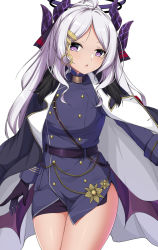 Rule 34 | 1girl, belt, blue archive, coat, coat on shoulders, commentary, english commentary, hair ornament, hair ribbon, hairclip, halo, hina (blue archive), horns, long hair, long sleeves, looking at viewer, military, military uniform, miniskirt, multiple horns, parted lips, ponytail, purple eyes, ribbon, sheita, sidelocks, simple background, skirt, solo, uniform, white background, white hair