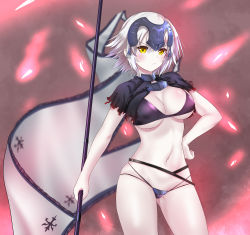 Rule 34 | 1girl, :t, bikini, black bikini, black capelet, blurry, blurry background, blush, breasts, capelet, chain, cleavage, closed mouth, depth of field, fate/grand order, fate (series), flag, hair between eyes, hand on own hip, headpiece, highres, holding, holding flag, jeanne d&#039;arc (fate), jeanne d&#039;arc alter (avenger) (fate), jeanne d&#039;arc alter (fate), looking at viewer, medium breasts, mint (cerbi), multi-strapped bikini, navel, pout, short hair, silver hair, solo, swimsuit, v-shaped eyebrows, white flag, yellow eyes
