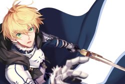 Rule 34 | 1boy, armor, armored dress, arthur pendragon (fate), bad id, bad pixiv id, blonde hair, blue cape, blue dress, breastplate, cape, dress, ena (soyen915), excalibur (fate/prototype), excalibur (fate/stay night), fate/grand order, fate/prototype, fate (series), gauntlets, greaves, green eyes, hair between eyes, holding, holding sword, holding weapon, looking at viewer, male focus, pauldrons, short hair, shoulder armor, solo, sword, upper body, weapon, white background