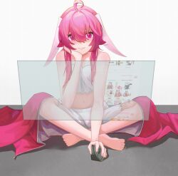 Rule 34 | 1girl, ahoge, animal ears, bare arms, bare shoulders, barefoot, bilibili, borrowed inset, chinese commentary, commentary request, crop top, cropped shirt, eiroyi, floppy ears, full body, hair between eyes, hand on own cheek, hand on own face, head rest, highres, holographic monitor, huan xiang, indian style, indie virtual youtuber, jacket, long hair, lop rabbit ears, midriff, mouse (computer), navel, on floor, pink eyes, pink hair, pink jacket, rabbit ears, shirako (vtuber), shirt, shorts, sidelocks, sitting, smile, solo, spaghetti strap, unworn jacket, virtual youtuber, white shirt, white shorts