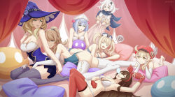 Rule 34 | &gt; &lt;, 6+girls, ^ ^, ^o^, absurdres, ahoge, alternate costume, amber (genshin impact), arm support, ass, barbara (genshin impact), bed, bed sheet, black scarf, blunt bangs, bow, bra, braid, breasts, brown hair, cabbie hat, character doll, cleavage, closed eyes, clover print, collarbone, commentary request, curtains, dress, drooling, elbow gloves, floating, flower, genshin impact, gloves, green eyes, grey eyes, grey legwear, hair between eyes, hair bow, hair flower, hair ornament, hair ribbon, hairband, hat, hat feather, hat ornament, highres, jean (genshin impact), joyeac, klee (genshin impact), knees up, light brown hair, lisa (genshin impact), long hair, looking at viewer, low twintails, lying, maid, maid headdress, multiple girls, noelle (genshin impact), nose bubble, nun, on back, on stomach, orange eyes, paimon (genshin impact), panties, parted lips, pillow, pointy ears, ponytail, pulling, red gloves, red legwear, ribbon, scarf, short hair, sidelocks, single braid, sitting, sleeping, slime (genshin impact), smile, stomach, thighhighs, triangle mouth, twintails, underwear, wariza, white bra, white dress, white gloves, white hair, white legwear, white panties, witch hat, zettai ryouiki