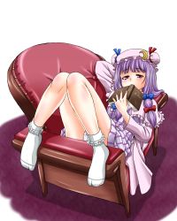 Rule 34 | 1girl, arm behind head, bobby socks, capelet, chair, coat, covering own mouth, crescent, dress, female focus, hair ribbon, hat, highres, knees together feet apart, long hair, long sleeves, looking at viewer, lying, no shoes, on stomach, open clothes, open coat, panties, pantyshot, patchouli knowledge, purple dress, purple eyes, purple hair, ribbon, shiba meiji, socks, solo, striped clothes, striped panties, touhou, underwear, white panties, white socks
