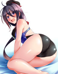 Rule 34 | 1girl, ariake (kancolle), ass, back, bed, bed sheet, black hair, black headwear, black one-piece swimsuit, blanket, blue one-piece swimsuit, breasts, competition swimsuit, dated, highleg, highleg swimsuit, highres, kantai collection, long hair, looking back, medium breasts, one-piece swimsuit, open mouth, simple background, solo, surprised, swimsuit, tears, tsuchimiya, white background