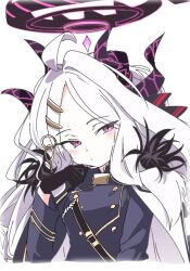 Rule 34 | 1girl, ahoge, black gloves, black horns, blue archive, blush, forehead, gloves, hair ornament, hina (blue archive), horns, ixy, long hair, long sleeves, looking at viewer, military uniform, simple background, solo, uniform, upper body, white background, white hair