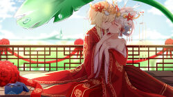 2girls absurdres architecture ayaka_(genshin_impact) blonde_hair chinese_clothes chinese_wedding crying east_asian_architecture genshin_impact grey_hair hanfu highres imminent_kiss lumine_(genshin_impact) multiple_girls mxirony red_hanfu sky wife_and_wife yuri