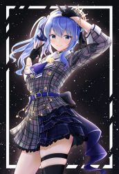 Rule 34 | 1girl, amakumo517, arm up, ascot, belt, beret, black gloves, black thighhighs, blue belt, blue choker, blue eyes, blue hair, blue nails, choker, closed mouth, cowboy shot, crown, double v, dress, frills, gloves, hand up, hat, highres, hololive, hoshimachi suisei, hoshimachi suisei (1st costume), looking at viewer, mini crown, nail polish, partially fingerless gloves, plaid, plaid dress, plaid headwear, side ponytail, sidelocks, single thighhigh, sky, smile, solo, star (sky), star (symbol), star bracelet, star in eye, starry background, starry sky, symbol in eye, thigh strap, thighhighs, v, virtual youtuber