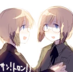 Rule 34 | 2girls, :d, bad id, bad twitter id, black ribbon, blonde hair, blue eyes, blush, bob cut, brown hair, erica hartmann, glasses, jacket, long sleeves, looking at another, lowres, multicolored hair, multiple girls, no nose, ohashi (hashidate), open mouth, ribbon, short hair, siblings, sideways mouth, simple background, sisters, smile, strike witches, strike witches: suomus misfits squadron, twins, two-tone hair, ursula hartmann, white background, world witches series