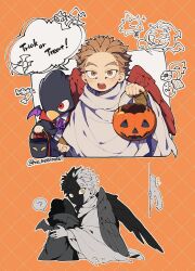 Rule 34 | 2boys, ?, aged down, animal head, bat (animal), beak, black cape, black pants, blonde hair, blush, boku no hero academia, bucket, candy, cape, cat, child, cloak, collared shirt, dark shadow, demon wings, facial mark, fake wings, food, forked eyebrows, grid background, halloween, halloween bucket, halloween costume, hand up, hat, hawks (boku no hero academia), heavy breathing, highres, holding, holding bucket, holding hands, male focus, mo masimasi, multiple boys, multiple views, open mouth, orange background, pants, partially shaded face, purple ribbon, red eyes, red wings, ribbon, shirt, short hair, speech bubble, spoken question mark, sweat, teeth, tokoyami fumikage, torn cloak, torn clothes, trick or treat, twitter username, white cloak, wings, witch hat, yellow eyes