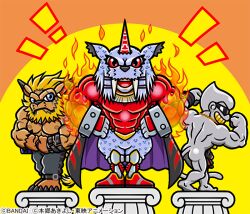 Rule 34 | 3boys, abs, animal ears, armor, bandai, biceps, blue eyes, cape, clenched hands, copyright name, digimon, earrings, fire, full body, furry, furry male, grin, hands on own hips, horns, jewelry, large pectorals, leomon, manly, marsmon, metaletemon, monkey tail, multiple boys, muscular, official art, olympos xii, pectorals, red eyes, single horn, smile, standing, sunglasses, tail
