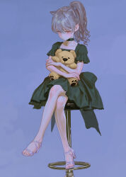 Rule 34 | 1girl, animal ears, artist name, black choker, black dress, blue background, blush, cat ears, cat girl, choker, closed mouth, commentary, crossed legs, dress, feet, fkey, frilled dress, frills, full body, grey hair, hair between eyes, high heels, high ponytail, highres, hugging doll, hugging object, looking at viewer, medium hair, original, pink eyes, puffy short sleeves, puffy sleeves, sandals, short sleeves, simple background, sitting, solo, stool, stuffed animal, stuffed toy, symbol-only commentary, teddy bear, toes, white footwear