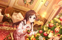 Rule 34 | 1girl, antenna hair, blush, brown hair, christmas ornaments, christmas tree, collarbone, dress, dutch angle, fur-trimmed jacket, fur trim, idolmaster, idolmaster cinderella girls, idolmaster cinderella girls starlight stage, indoors, jacket, lens flare, long hair, looking at viewer, neck ribbon, official art, on ladder, pink dress, red eyes, ribbon, sitting, smile, solo, sparkle, straight hair, tsujino akari, very long hair, wooden ladder