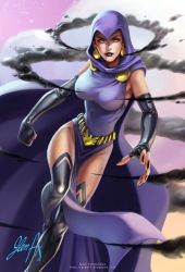 Rule 34 | 1girl, belt, black lips, black nails, boots, cloak, dc comics, earrings, elbow gloves, fingerless gloves, flying, gloves, hood, lipstick, nail polish, raven (dc), solo, teen titans, thigh boots, thighhighs